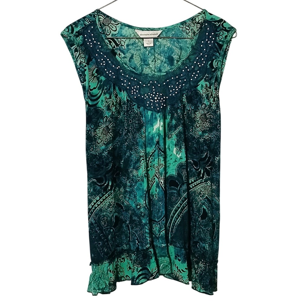 Christopher & Banks Teal Paisley Embellished Sleeveless Flowy Blouse L